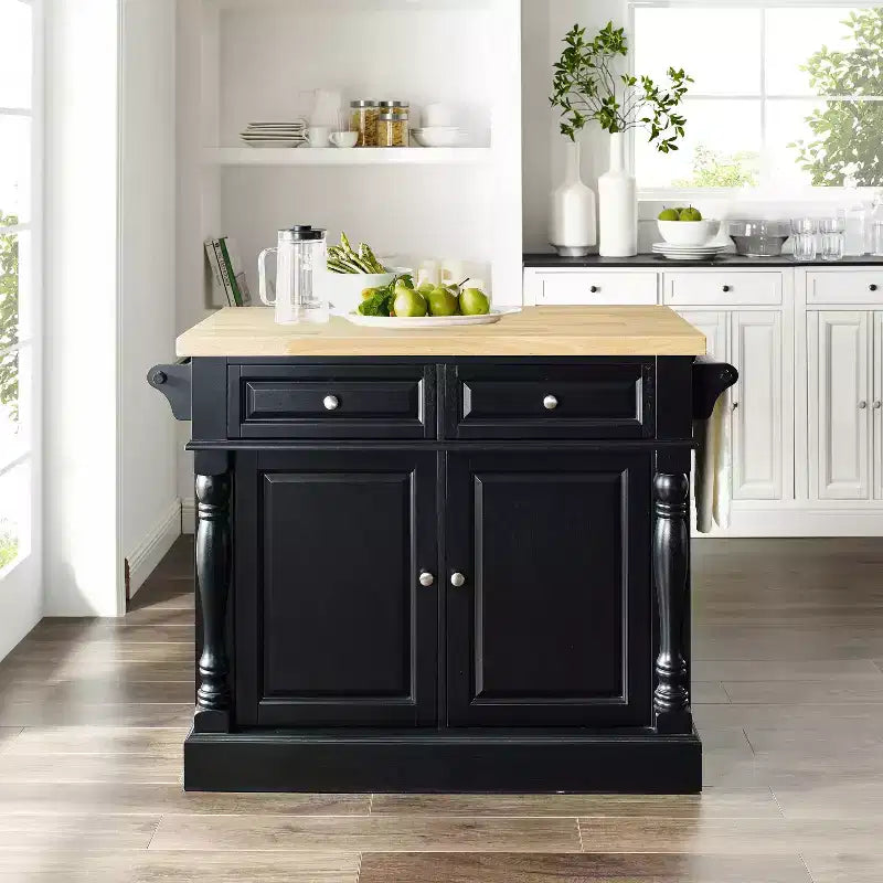 Îlot de cuisine Oxford Butcher Block noir - Crosley : Cadre traditionnel en MDF, surface en bois, 2 portes, 4 tiroirs, 4 étagères