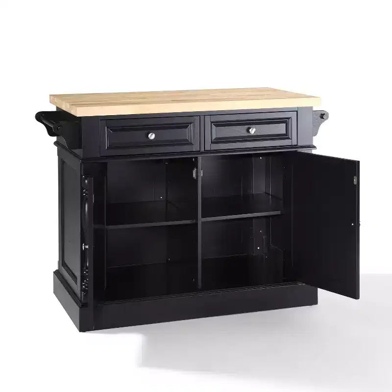 Îlot de cuisine Oxford Butcher Block noir - Crosley : Cadre traditionnel en MDF, surface en bois, 2 portes, 4 tiroirs, 4 étagères