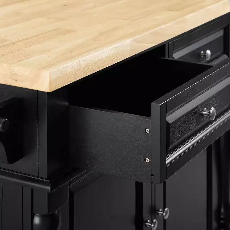 Îlot de cuisine Oxford Butcher Block noir - Crosley : Cadre traditionnel en MDF, surface en bois, 2 portes, 4 tiroirs, 4 étagères