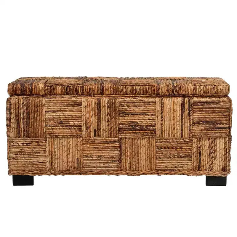 Banc double Abaca East at Main Marina avec rangement, marron : Tressé à la main, couvercle à charnière, design côtier