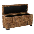 Banc double Abaca East at Main Marina avec rangement, marron : Tressé à la main, couvercle à charnière, design côtier