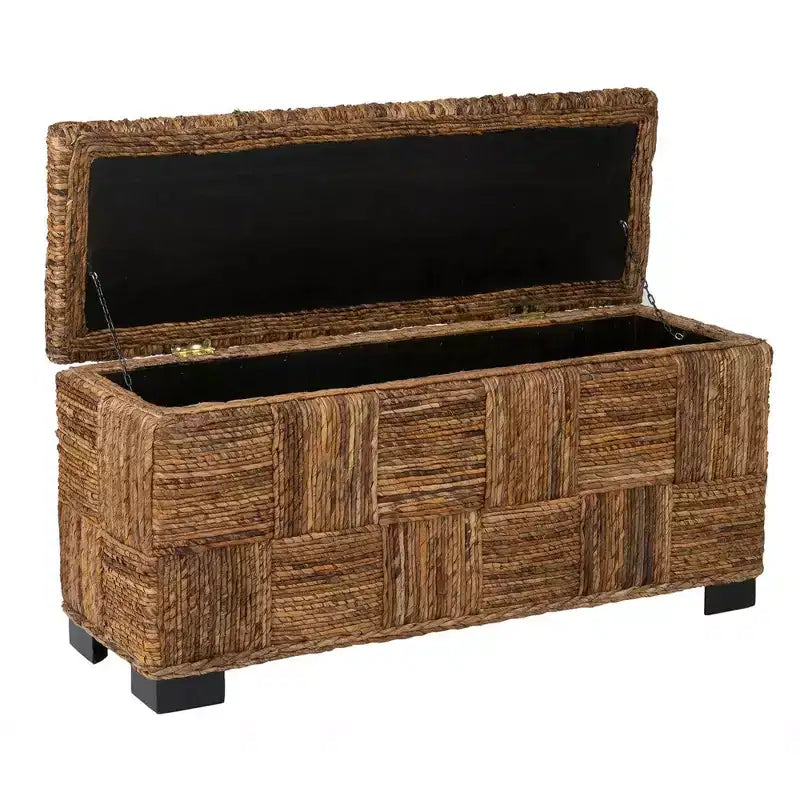 Banc double Abaca East at Main Marina avec rangement, marron : Tressé à la main, couvercle à charnière, design côtier