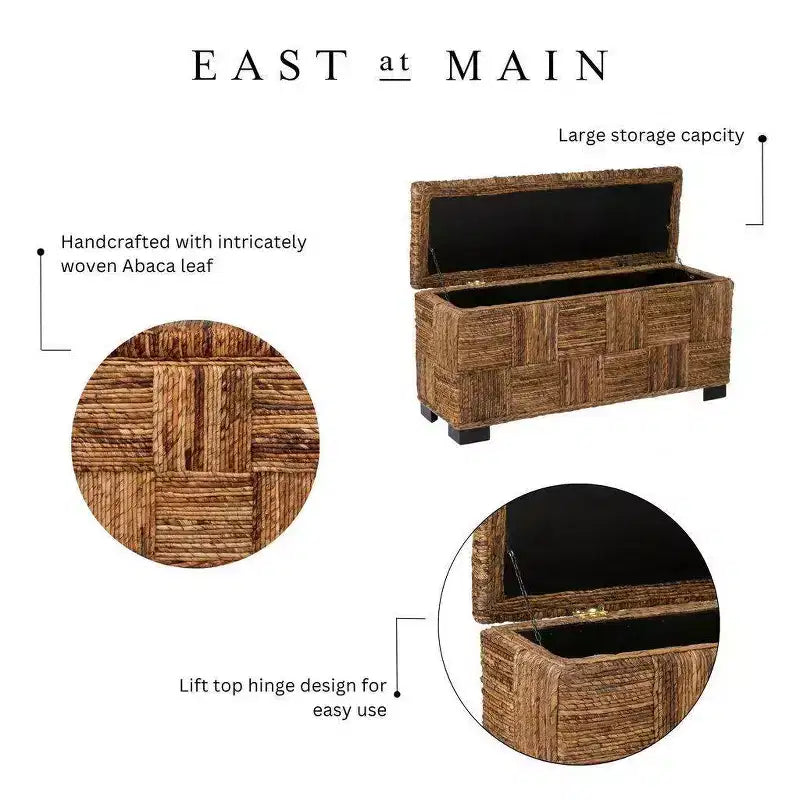 Banc double Abaca East at Main Marina avec rangement, marron : Tressé à la main, couvercle à charnière, design côtier