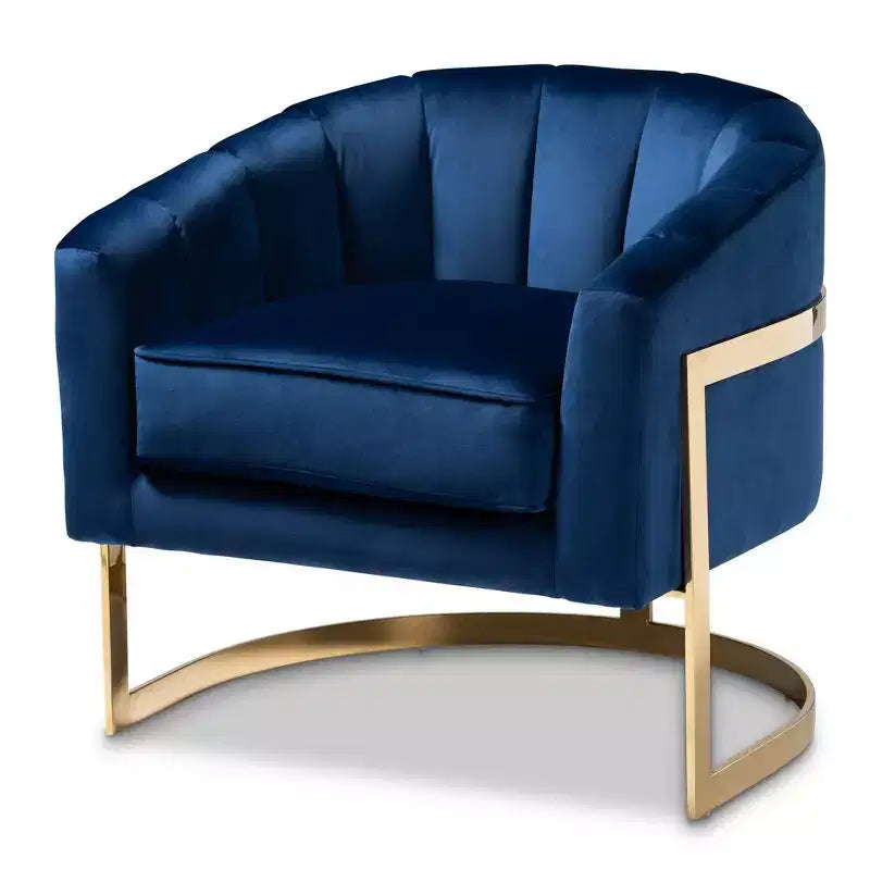 Fauteuil de salon en velours Tomasso bleu - Baxton Studio : revêtement en polyester, aucun assemblage requis, fauteuil moderne