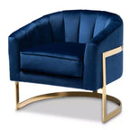 Fauteuil de salon en velours Tomasso bleu - Baxton Studio : revêtement en polyester, aucun assemblage requis, fauteuil moderne