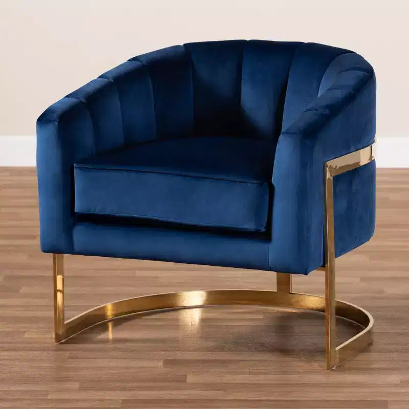Fauteuil de salon en velours Tomasso bleu - Baxton Studio : revêtement en polyester, aucun assemblage requis, fauteuil moderne