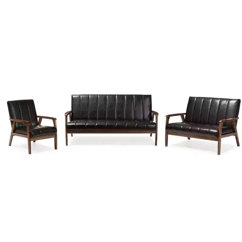 3pc Nikko Mid-Century Modern Scandinavian Faux Leather Seating Set - Baxton Studio