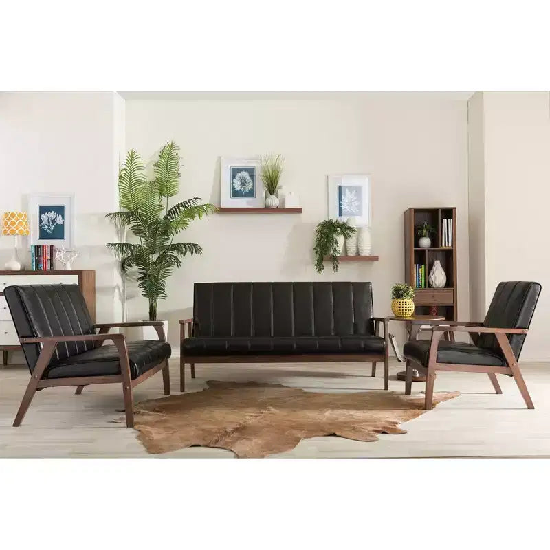 3pc Nikko Mid-Century Modern Scandinavian Faux Leather Seating Set - Baxton Studio