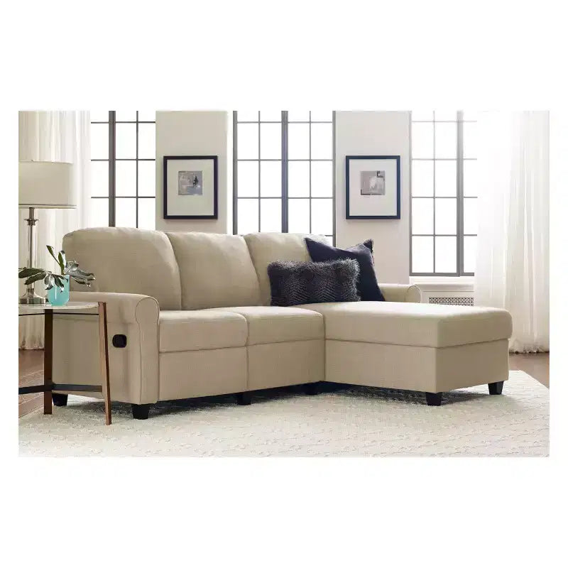 Serta Copenhagen Reclining Sectional with Right Storage Chaise Beige : Microfiber Upholstery, Wood Frame, Spot Clean