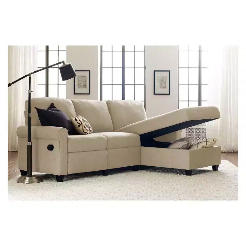 Serta Copenhagen Reclining Sectional with Right Storage Chaise Beige : Microfiber Upholstery, Wood Frame, Spot Clean