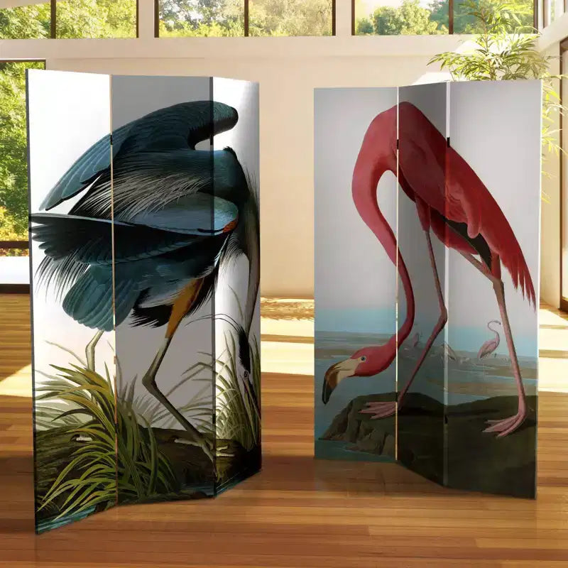 Paravent en toile à double face Héron et Flamant rose Audubon de 6 po - Meuble oriental : Paravent pliant d’intimité