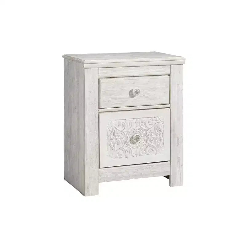Paxberry Two Drawer Nightstand White Wash - Signature Design by Ashley: Traditional Storage, USB Ports, Wood Frame