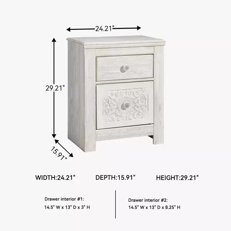 Table de chevet Paxberry à deux tiroirs Blanc délavé - Signature Design by Ashley : Rangement traditionnel, ports USB, cadre en bois