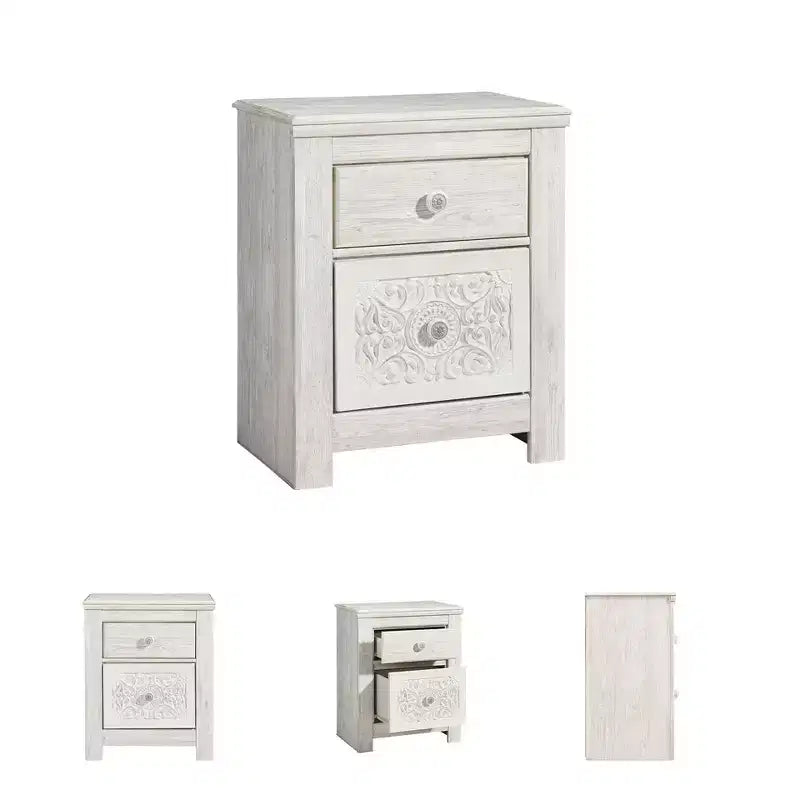 Table de chevet Paxberry à deux tiroirs Blanc délavé - Signature Design by Ashley : Rangement traditionnel, ports USB, cadre en bois