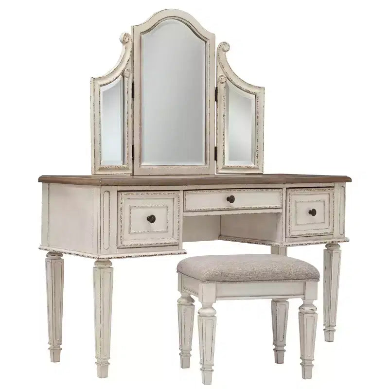 Set of 3 Realyn Vanity/Mirror/Stool Chipped White: Cottage Style Dressing Table - Signature Design by Ashley