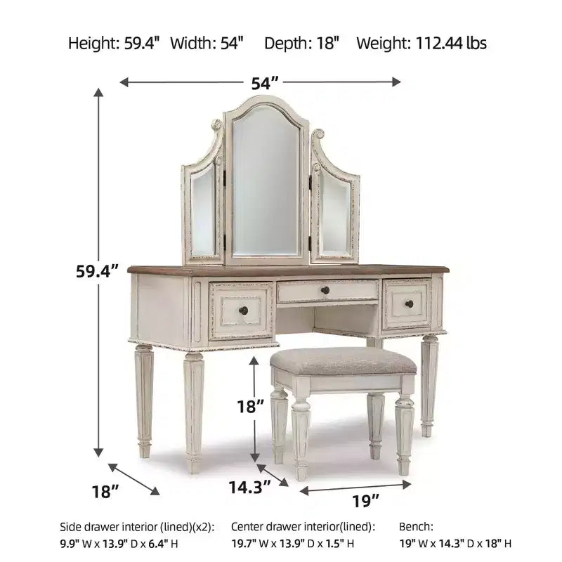 Set of 3 Realyn Vanity/Mirror/Stool Chipped White: Cottage Style Dressing Table - Signature Design by Ashley
