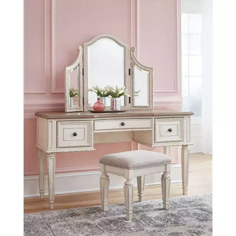 Set of 3 Realyn Vanity/Mirror/Stool Chipped White: Cottage Style Dressing Table - Signature Design by Ashley