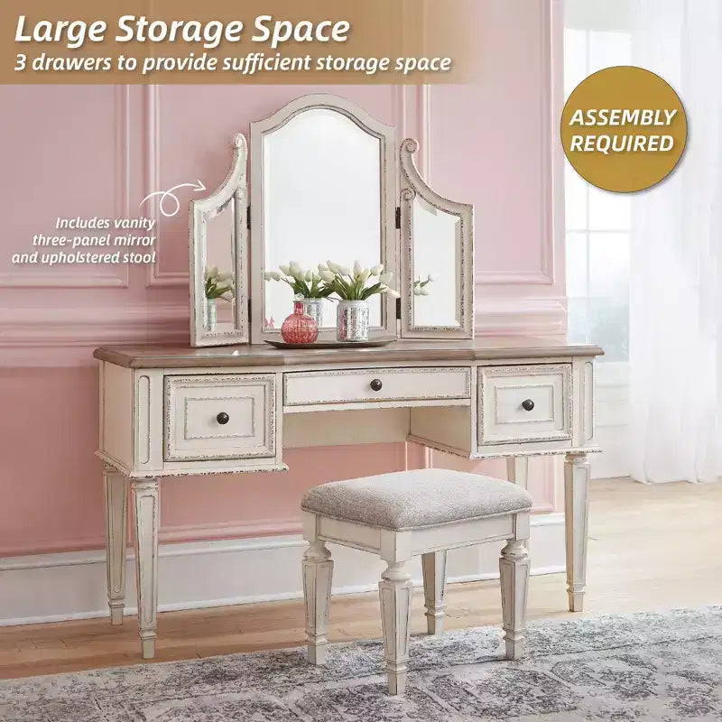 Set of 3 Realyn Vanity/Mirror/Stool Chipped White: Cottage Style Dressing Table - Signature Design by Ashley