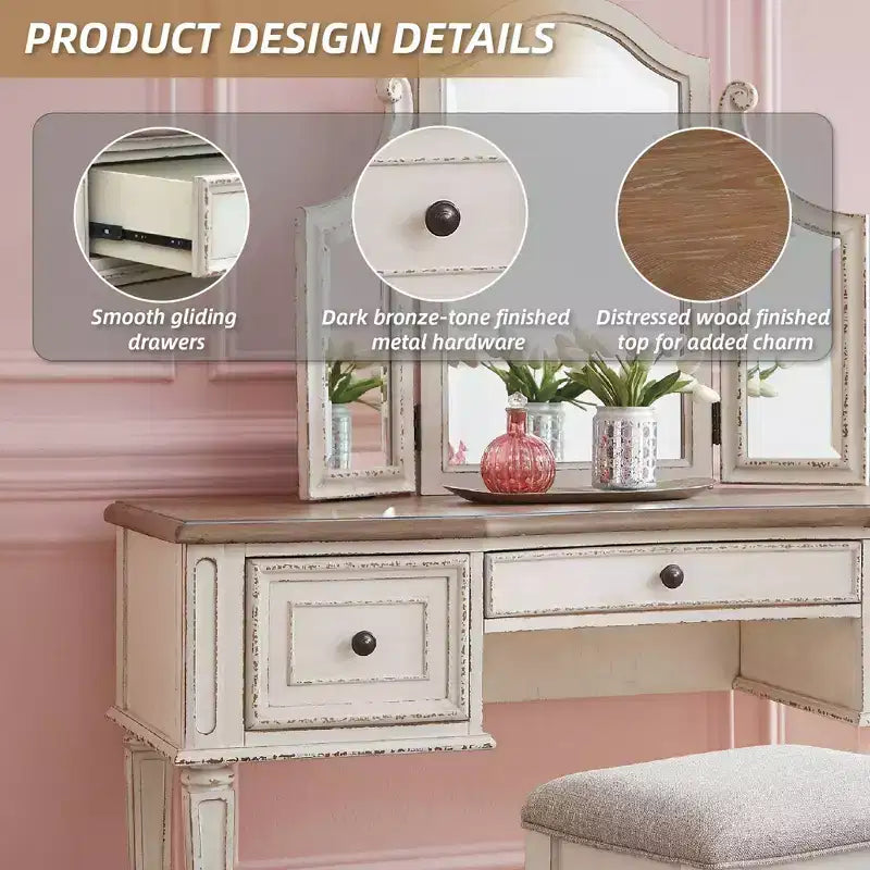 Set of 3 Realyn Vanity/Mirror/Stool Chipped White: Cottage Style Dressing Table - Signature Design by Ashley