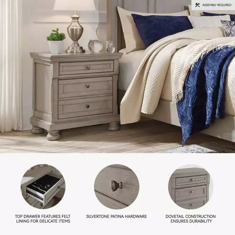 Lettner Two Drawer Nightstand Light Gray - Signature Design by Ashley: Inlaid Panels, Bun Feet, Modern Sophistication