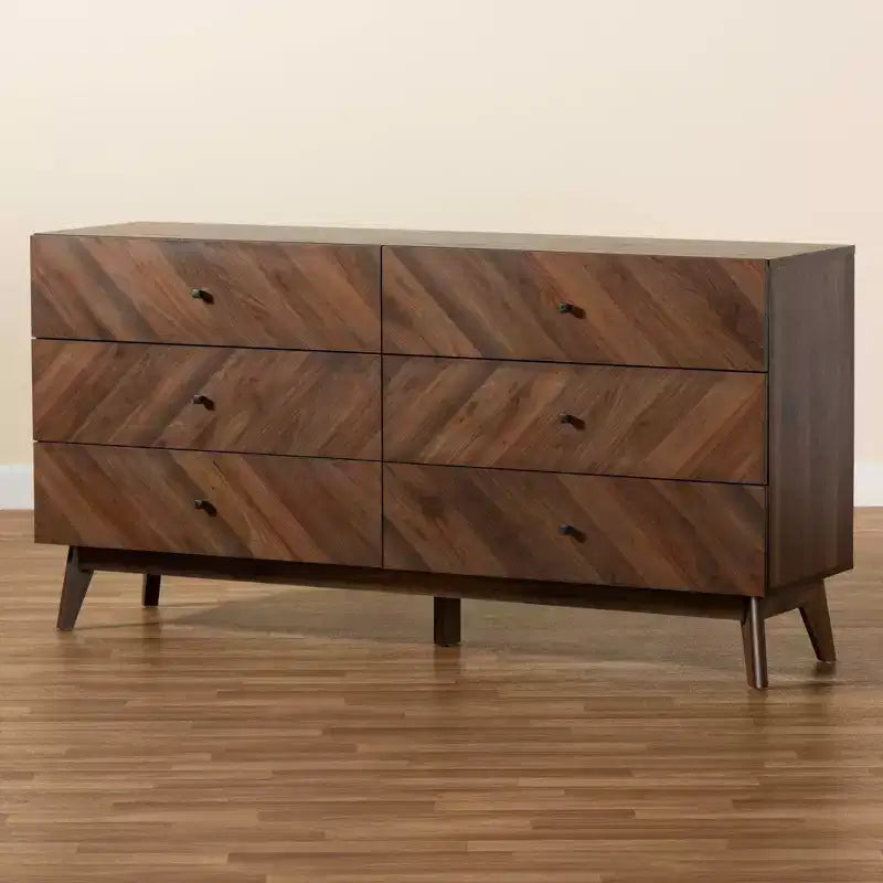 Commode 6 tiroirs en bois Baxton Studio Hartman, brun noyer : Rangement moderne, design vertical, 79 cm de hauteur
