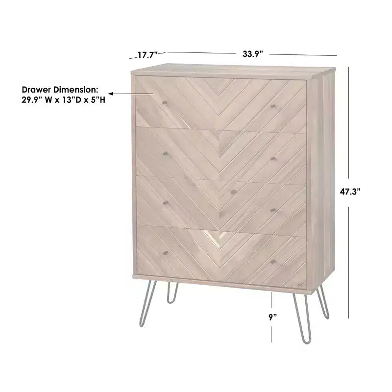Lifestorey Alexandria, commode à 4 tiroirs en chêne : Rangement vertical moderne, finition placage MDF, 120,1 cm de hauteur