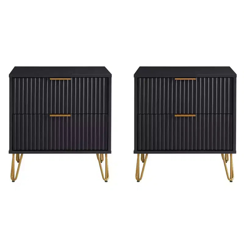 Manhattan Comfort Set of 2 Dumbo 2 Drawer Nightstands Black: Modern Bedside Storage, MDF Frame, Metal Glides