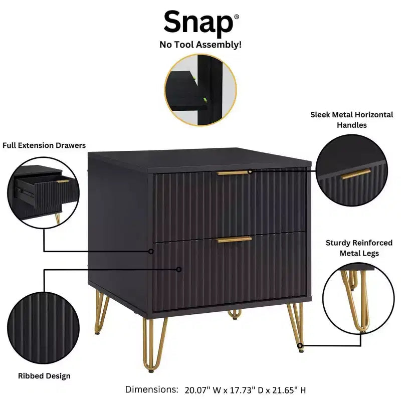 Manhattan Comfort Lot de 2 tables de chevet Dumbo à 2 tiroirs noires : Rangement de chevet moderne, cadre en MDF, glissières en métal