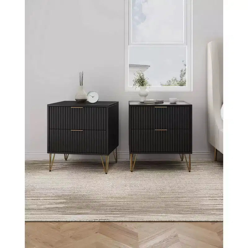 Manhattan Comfort Lot de 2 tables de chevet Dumbo à 2 tiroirs noires : Rangement de chevet moderne, cadre en MDF, glissières en métal