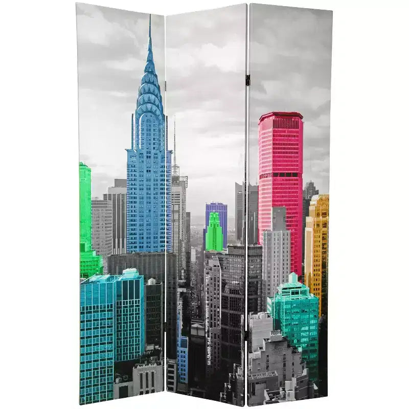 6" Colorful New York Scene Room Divider Blue/Gray - Oriental Furniture