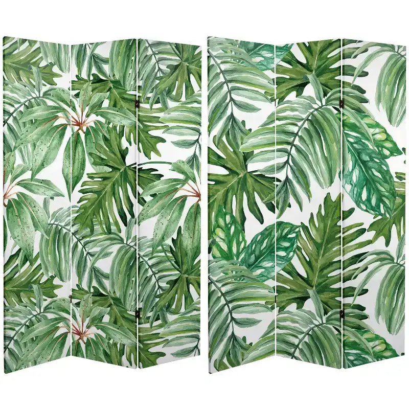 6" Double Sided Palm Leaves Canvas Room Divider Green - Oriental Furniture: Spruce Wood Frame, No Assembly Required