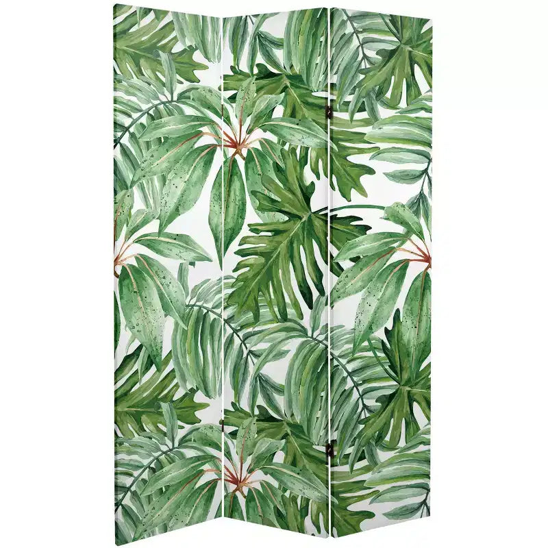 6" Double Sided Palm Leaves Canvas Room Divider Green - Oriental Furniture: Spruce Wood Frame, No Assembly Required