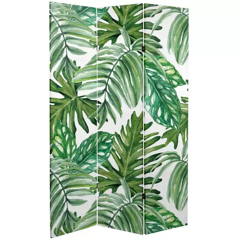 6" Double Sided Palm Leaves Canvas Room Divider Green - Oriental Furniture: Spruce Wood Frame, No Assembly Required