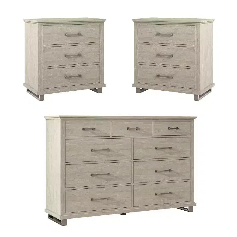 Set of 2 Night Stands & One Dresser in Beige: Festivo Bedroom Storage Furniture Set