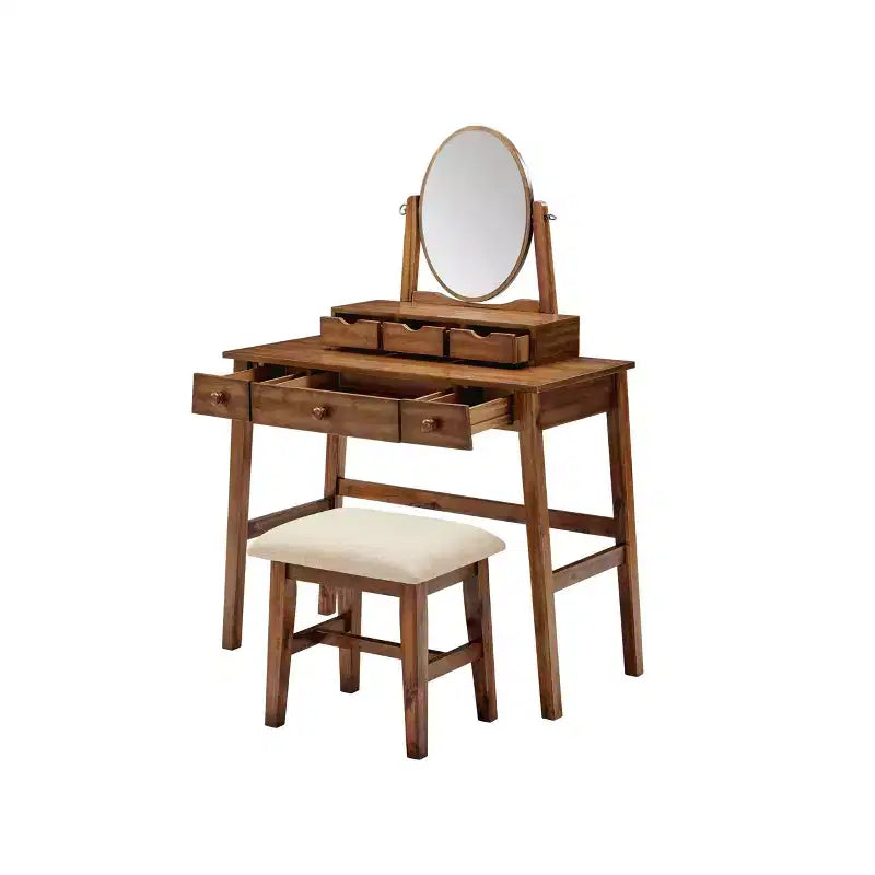 Lorna Traditional Wood Vanity with Stool, 6 Drawers, Adjustable Mirror - Linon: Dressing Table, Makeup Storage