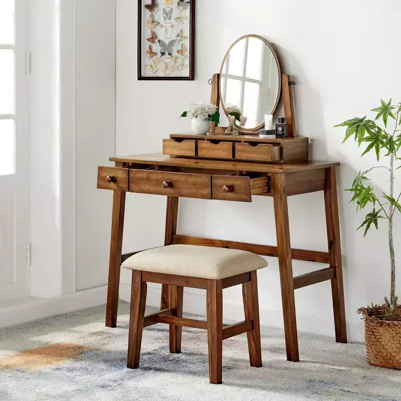 Lorna Traditional Wood Vanity with Stool, 6 Drawers, Adjustable Mirror - Linon: Dressing Table, Makeup Storage