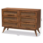 Commode à 6 tiroirs en bois et rotin synthétique Barrett, pieds inclinés - Baxton Studio