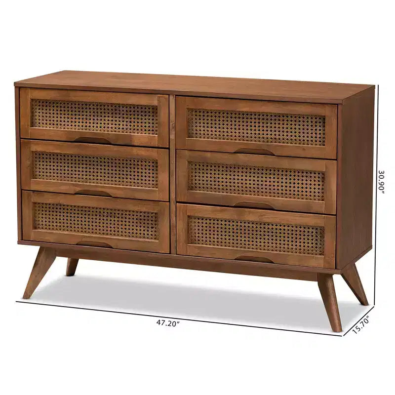 Commode à 6 tiroirs en bois et rotin synthétique Barrett, pieds inclinés - Baxton Studio