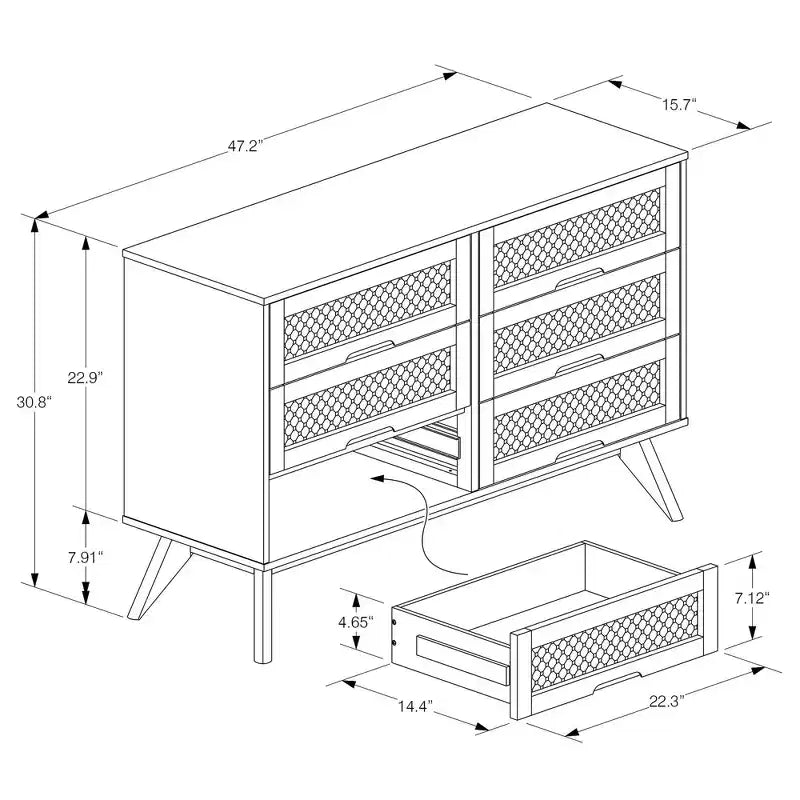 Commode à 6 tiroirs en bois et rotin synthétique Barrett, pieds inclinés - Baxton Studio