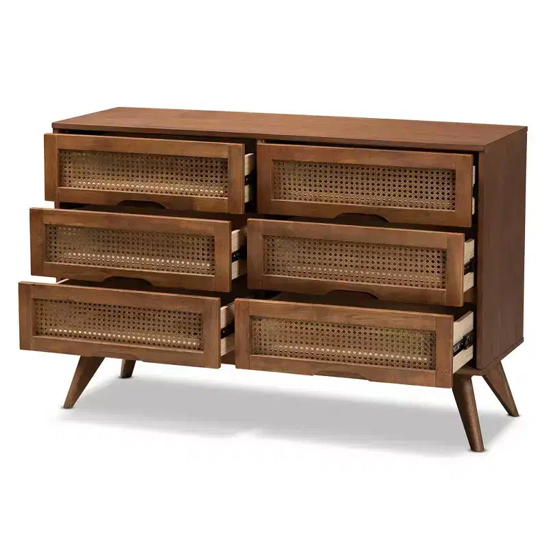 Commode à 6 tiroirs en bois et rotin synthétique Barrett, pieds inclinés - Baxton Studio