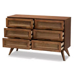 Commode à 6 tiroirs en bois et rotin synthétique Barrett, pieds inclinés - Baxton Studio