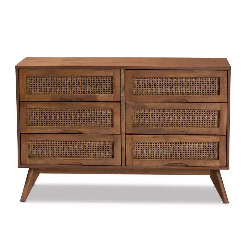 Commode à 6 tiroirs en bois et rotin synthétique Barrett, pieds inclinés - Baxton Studio