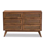 Commode à 6 tiroirs en bois et rotin synthétique Barrett, pieds inclinés - Baxton Studio