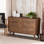 Commode à 6 tiroirs en bois et rotin synthétique Barrett, pieds inclinés - Baxton Studio