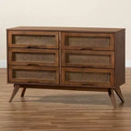 Commode à 6 tiroirs en bois et rotin synthétique Barrett, pieds inclinés - Baxton Studio