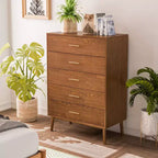 HOMES: Inside + Out Riverstone Mid-Century Modern 5 Drawer Chest with Anti Tip Interlock System Walnut