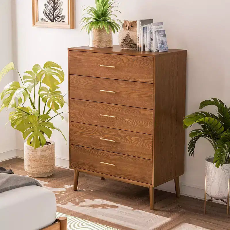 HOMES: Inside + Out Riverstone Mid-Century Modern 5 Drawer Chest with Anti Tip Interlock System Walnut