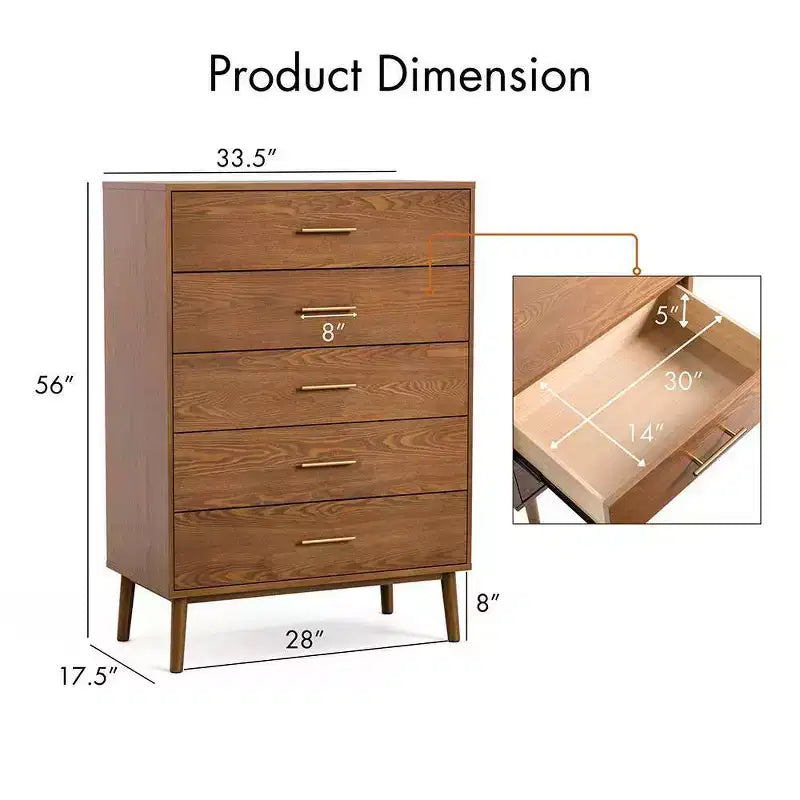 HOMES: Inside + Out Commode Riverstone Mid-Century Modern à 5 tiroirs avec système anti-basculement Interlock, Noyer