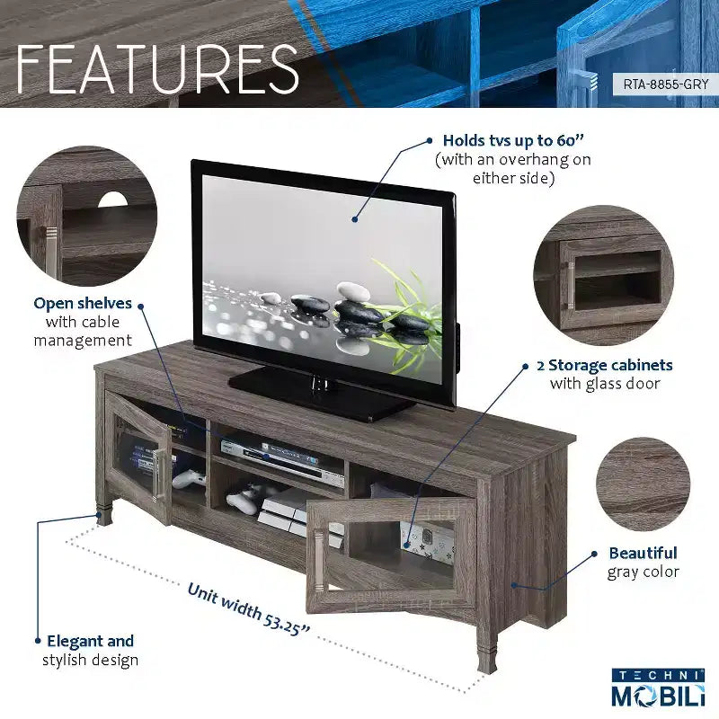 Meuble TV pour téléviseurs jusqu'à 65 po Techni Mobili Gris