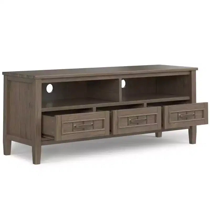 Meuble TV bas Rowan pour téléviseurs jusqu'à 60 po, brun fumé – Wyndenhall : Meuble console média en bois massif avec rangement
